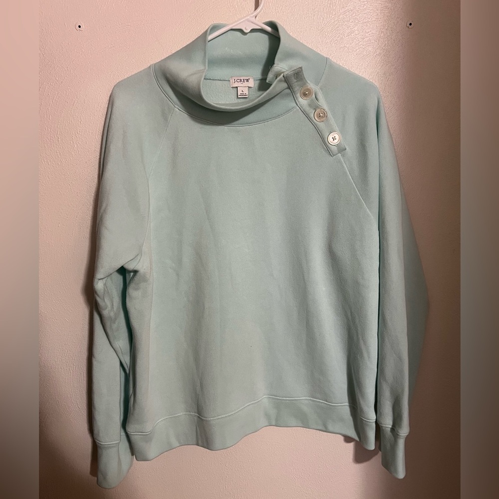 J. CREW Classic Wide Button‎ Mock Neck Fleece Sweatshirt Teal Women's Size L GUC